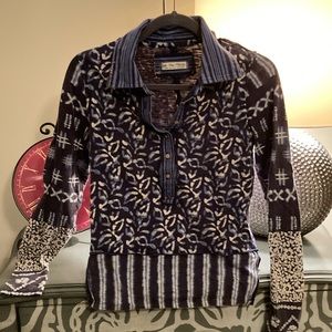 We The Free Mixed-Print Long Sleeve Polo - Navy, Cream, White